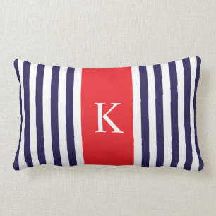 Navy Red Stripes Monogram Lumbar Cushion
