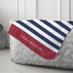Navy & Red Summer Stripe Personalised Sherpa Blanket