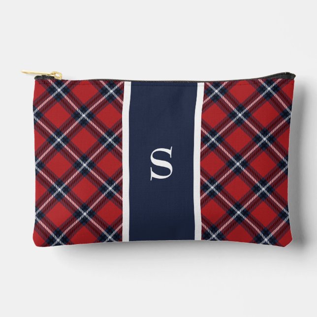 Navy Red Tartan Plaid Monogram Accessory Pouch (Front)