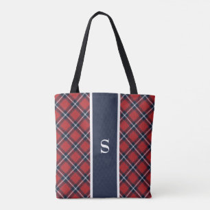 Navy Red Tartan Plaid Monogram Tote Bag