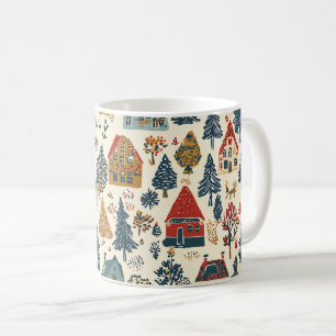 Navy Red Woodland Christmas Village Pattern Coffee Mug