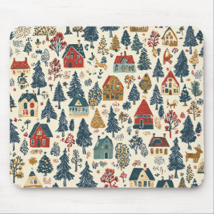 Navy Red Woodland Christmas Village Pattern Mouse Mat