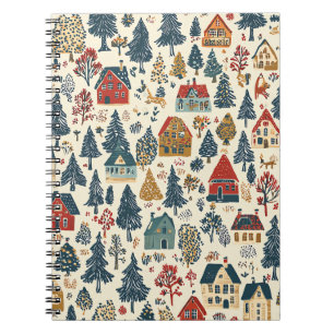 Navy Red Woodland Christmas Village Pattern Notebook