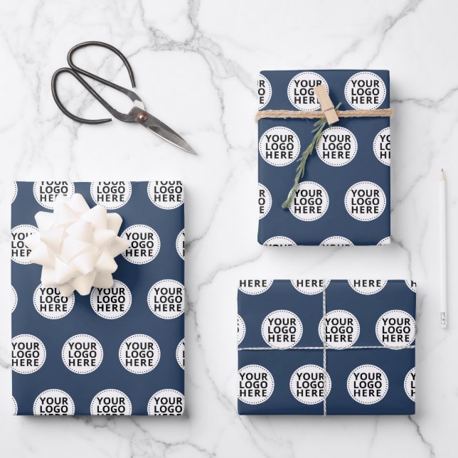 Navy Repeating Business Logo Wrapping Paper Sheet (Front)