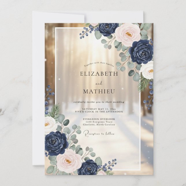 Navy Resplendent Winter Forest Wedding Invitation (Front)