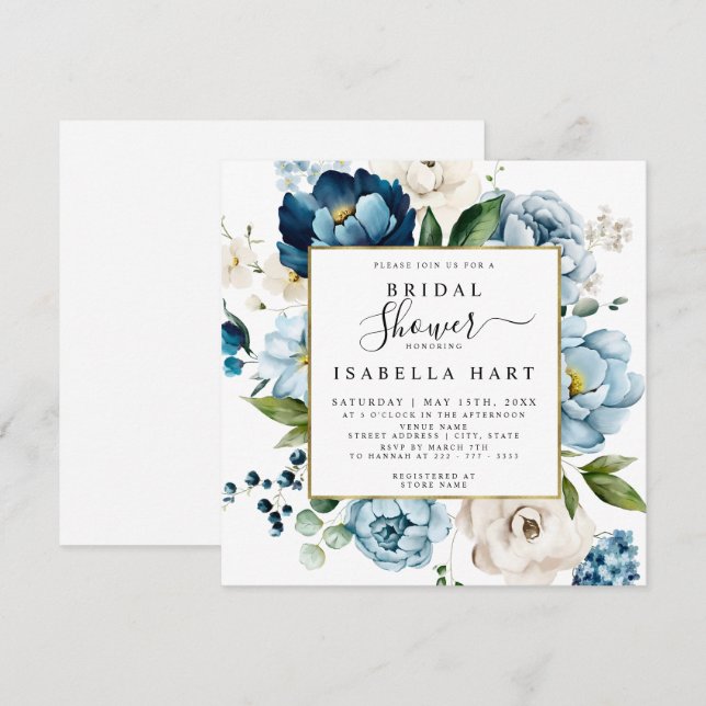 Navy Retro Blue Ivory Cream Floral Bridal Shower Invitation (Front/Back)