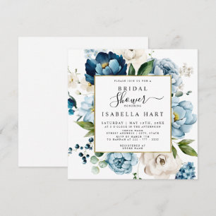 Navy Retro Blue Ivory Cream Floral Bridal Shower Invitation