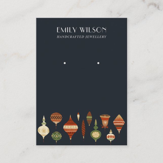 NAVY RETRO CHRISTMAS ORNAMENT STUD EARRING DISPLAY BUSINESS CARD (Front)