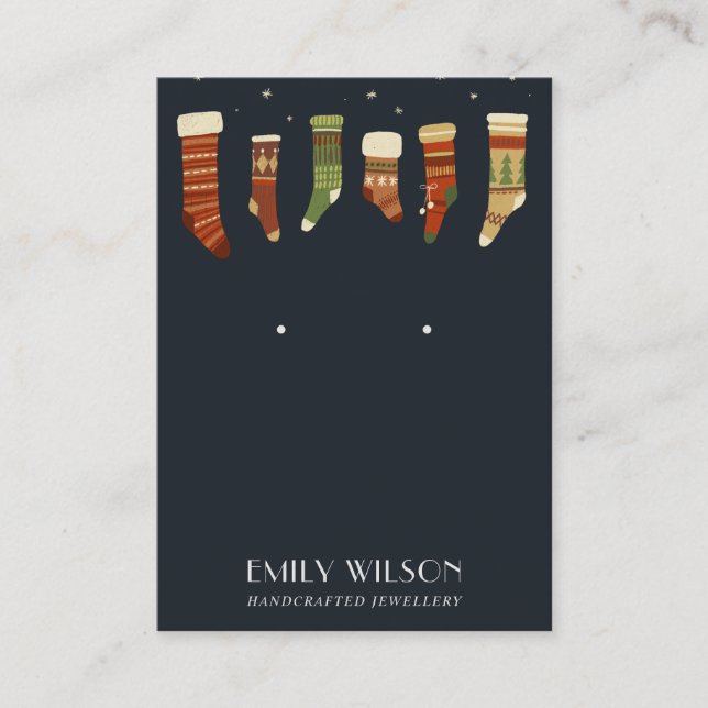 NAVY RETRO CHRISTMAS STOCKING STUD EARRING DISPLAY BUSINESS CARD (Front)