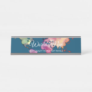 Navy Retro Colourful Watercolor World Map Desk Name Plate