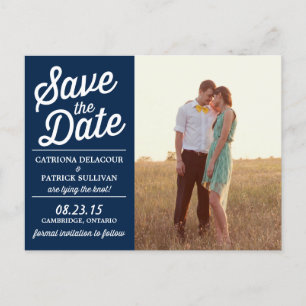 Navy Retro Script Photo Save the Date Postcard