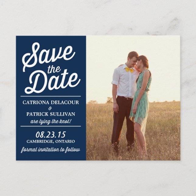 Navy Retro Script Photo Save the Date Postcard (Front)