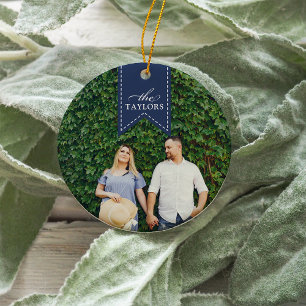 Navy Ribbon Holiday Photo Ceramic Tree Decoration