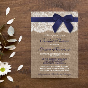 Navy Ribbon On Burlap & Lace Bridal Shower Invitation