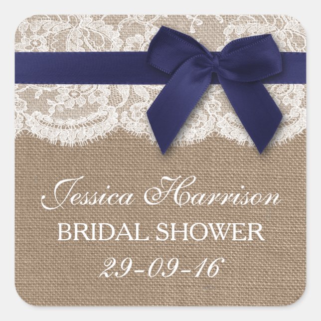 Navy Ribbon On Burlap & Lace Bridal Shower Square Sticker (Front)