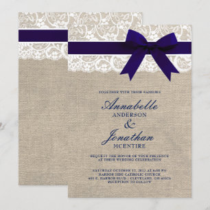 Navy Ribbon On Burlap & Lace Rustic Wedding Invitation