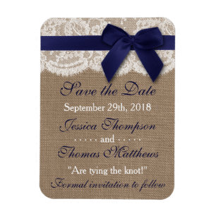 Navy Ribbon On Burlap & Lace Save The Date Magnet