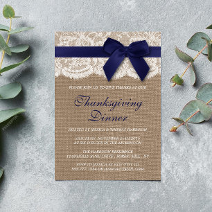 Navy Ribbon On Burlap & Lace Thanksgiving Dinner Invitation