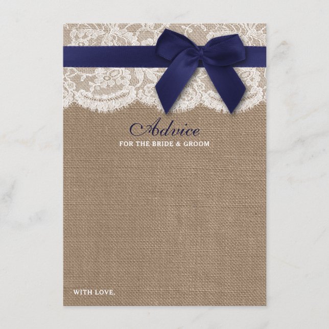 Navy Ribbon On Burlap & Lace Wedding Advice Card (Front)