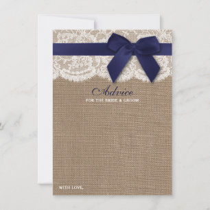 Navy Ribbon On Burlap & Lace Wedding Advice Card