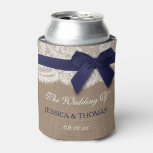 Navy Ribbon On Burlap & Lace Wedding Can Cooler