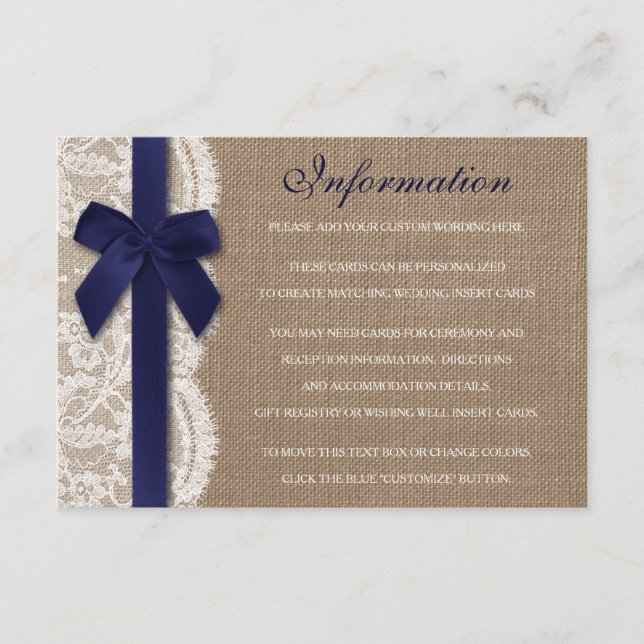 Navy Ribbon On Burlap & Lace Wedding Detail Enclosure Card (Front)