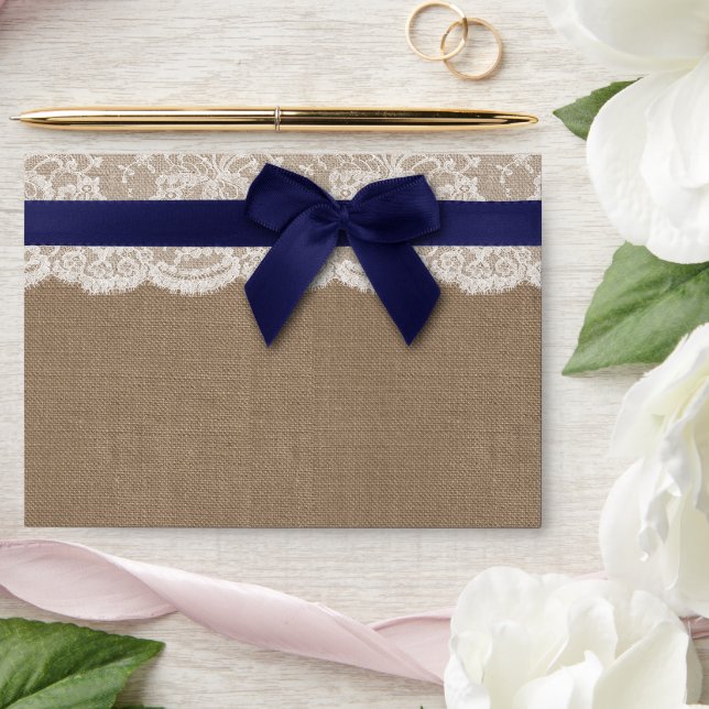 Navy Ribbon On Burlap & Lace Wedding Envelope (Wedding)