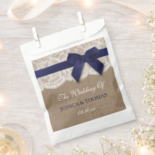 Navy Ribbon On Burlap & Lace Wedding Favour Bags