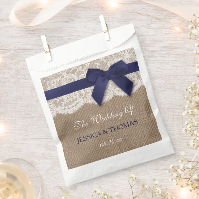 Navy Ribbon On Burlap & Lace Wedding Favour Bags (Clipped)