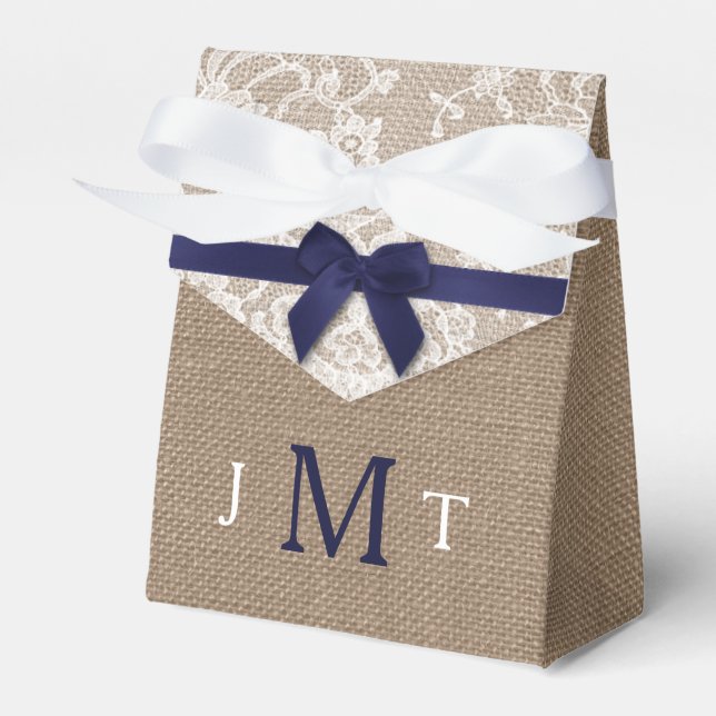 Navy Ribbon On Burlap & Lace Wedding Favour Box (Front Side)