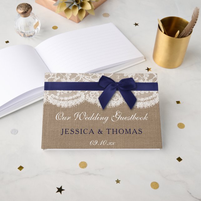 Navy Ribbon On Burlap & Lace Wedding Guest Book (Front Open)