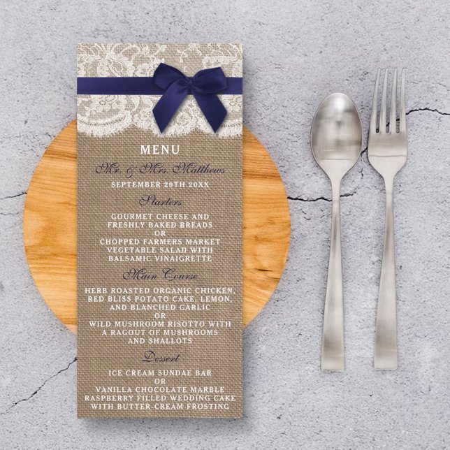Navy Ribbon On Burlap & Lace Wedding Menu (Creator Uploaded)