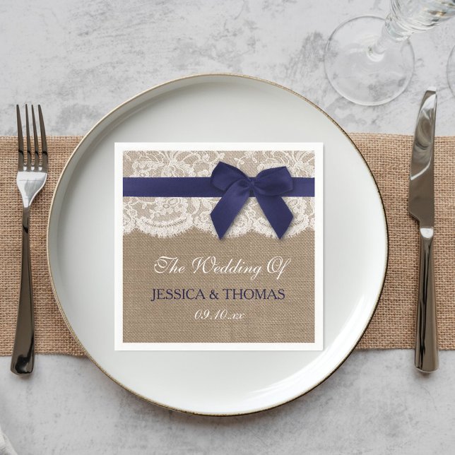 Navy Ribbon On Burlap & Lace Wedding Napkin (Creator Uploaded)