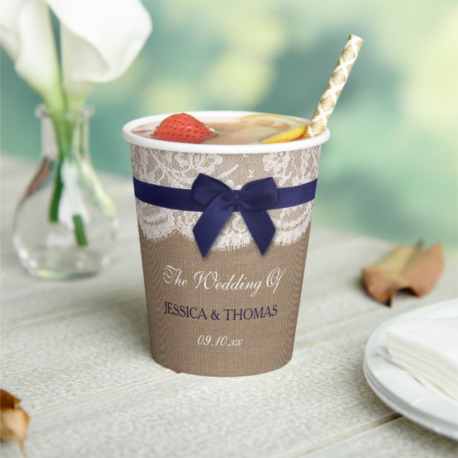 Navy Ribbon On Burlap & Lace Wedding Paper Cups (Insitu)