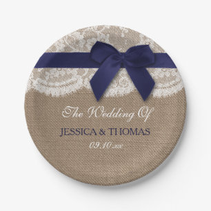Navy Ribbon On Burlap & Lace Wedding Paper Plate