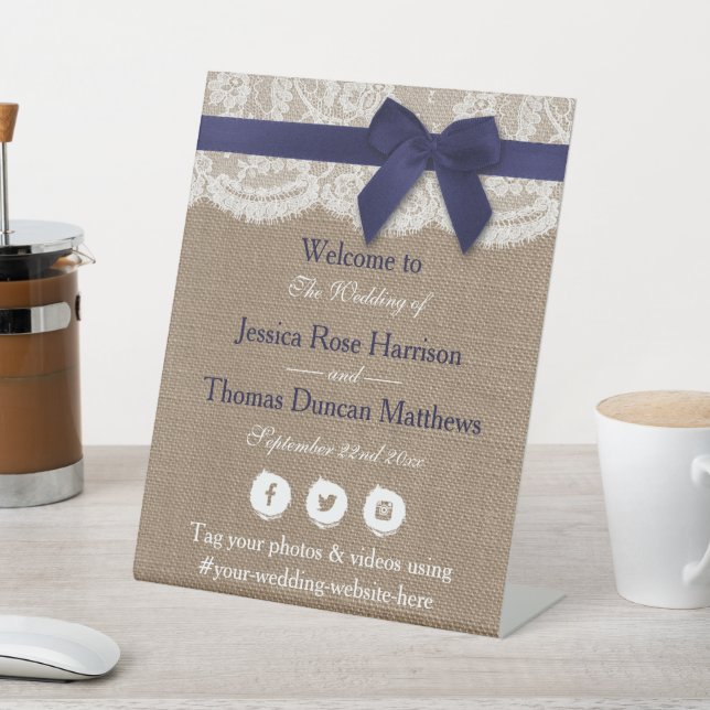 Navy Ribbon On Burlap & Lace Wedding Pedestal Sign (In SItu)