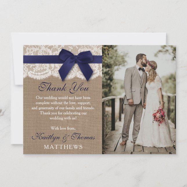 Navy Ribbon On Burlap & Lace Wedding Photo Thank You Card (Front)