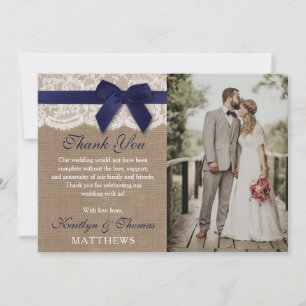 Navy Ribbon On Burlap & Lace Wedding Photo Thank You Card
