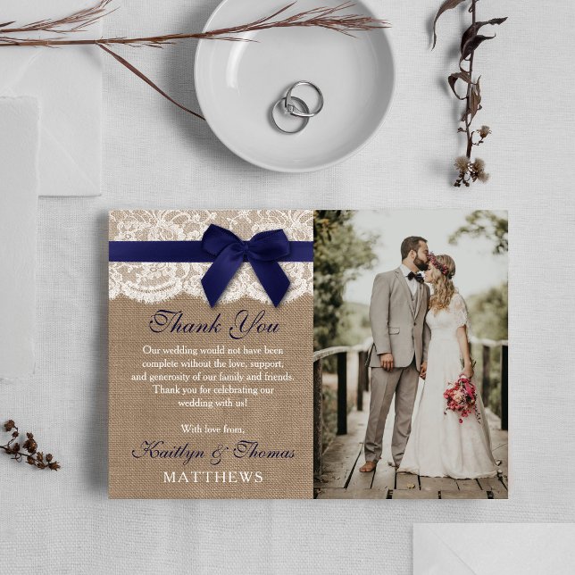 Navy Ribbon On Burlap & Lace Wedding Photo Thank You Card (Creator Uploaded)