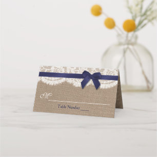 Navy Ribbon On Burlap & Lace Wedding Place Card