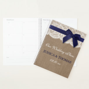 Navy Ribbon On Burlap & Lace Wedding Planner