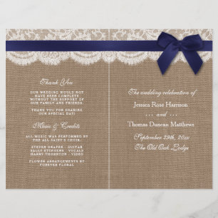 Navy Ribbon On Burlap & Lace Wedding Program
