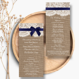 Navy Ribbon On Burlap & Lace Wedding Program Programme