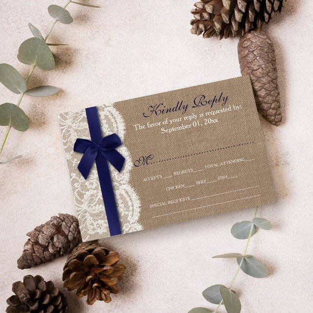 Navy Ribbon On Burlap & Lace Wedding RSVP (Creator Uploaded)