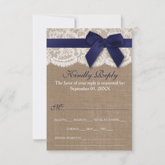Navy Ribbon On Burlap & Lace Wedding RSVP Card (Front)