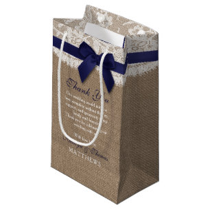 Navy Ribbon On Burlap & Lace Wedding Small Gift Bag