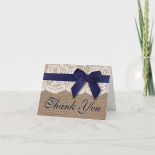 Navy Ribbon On Burlap & Lace Wedding Thank You