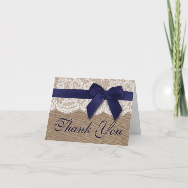Navy Ribbon On Burlap & Lace Wedding Thank You Card (Front)