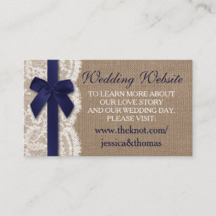 Navy Ribbon On Burlap & Lace Wedding Website Enclosure Card