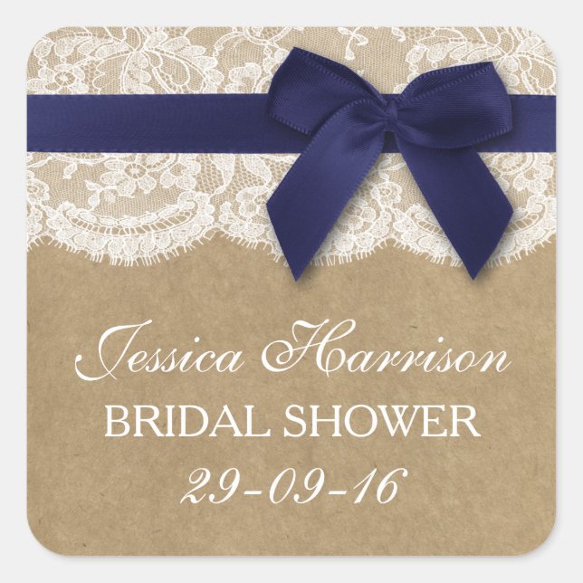 Navy Ribbon On Kraft & Lace Bridal Shower Square Sticker (Front)